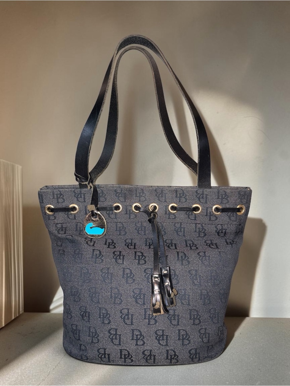Dooney & Bourke Navy Signature Drawstring Tote - Picture 2 of 9